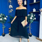 Aileen Pleated Bardot Midi Dress Black