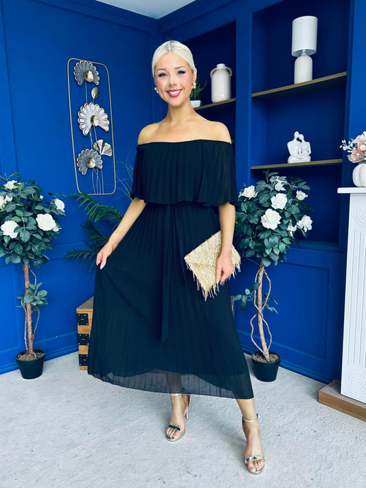Aileen Pleated Bardot Midi Dress Black