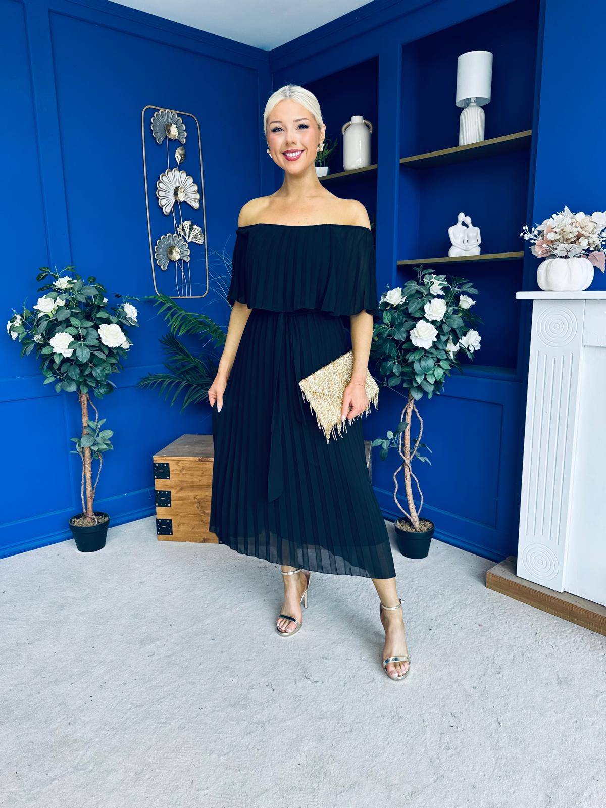 Aileen Pleated Bardot Midi Dress Black