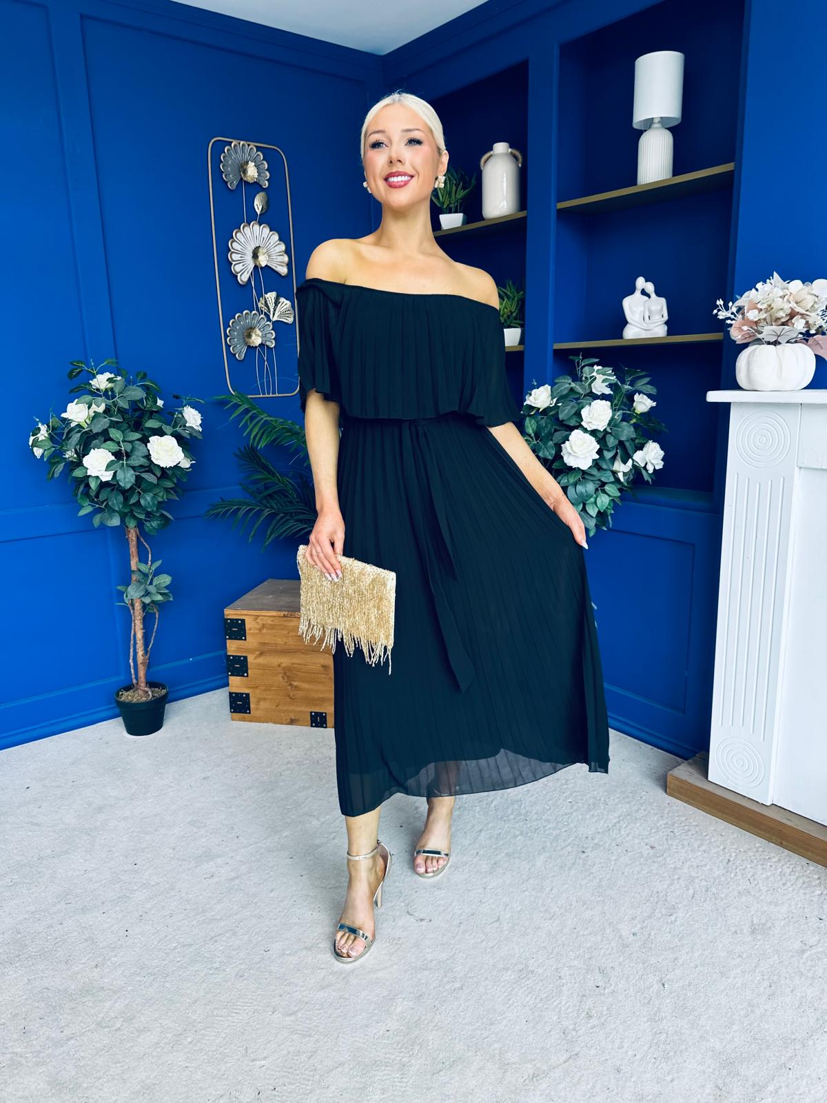 Aileen Pleated Bardot Midi Dress Black