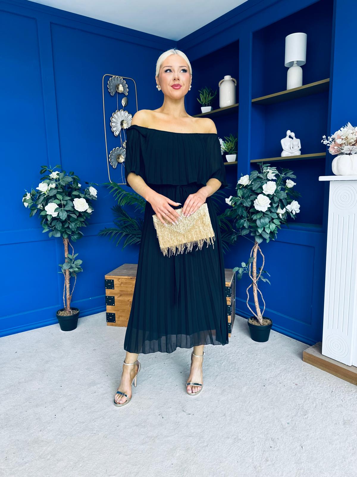 Aileen Pleated Bardot Midi Dress Black
