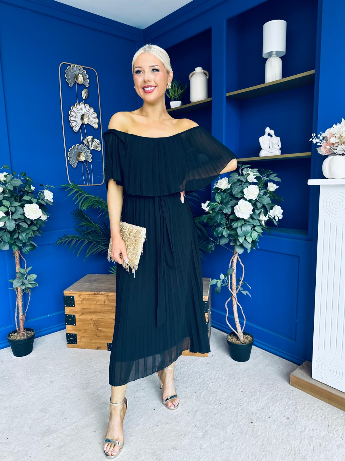Aileen Pleated Bardot Midi Dress Black