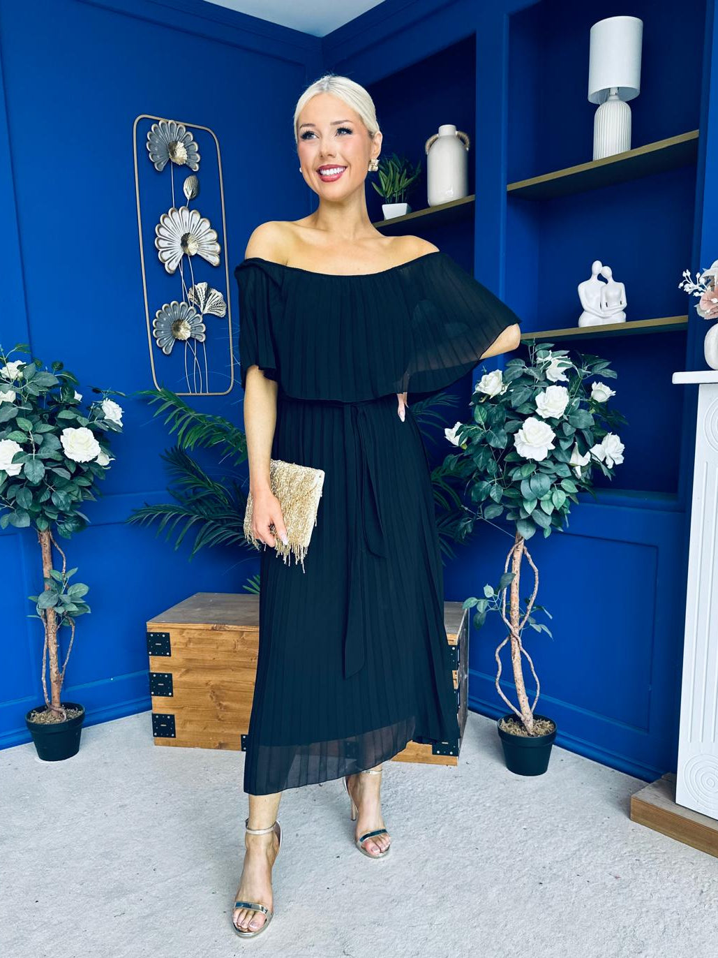 Aileen Pleated Bardot Midi Dress Black