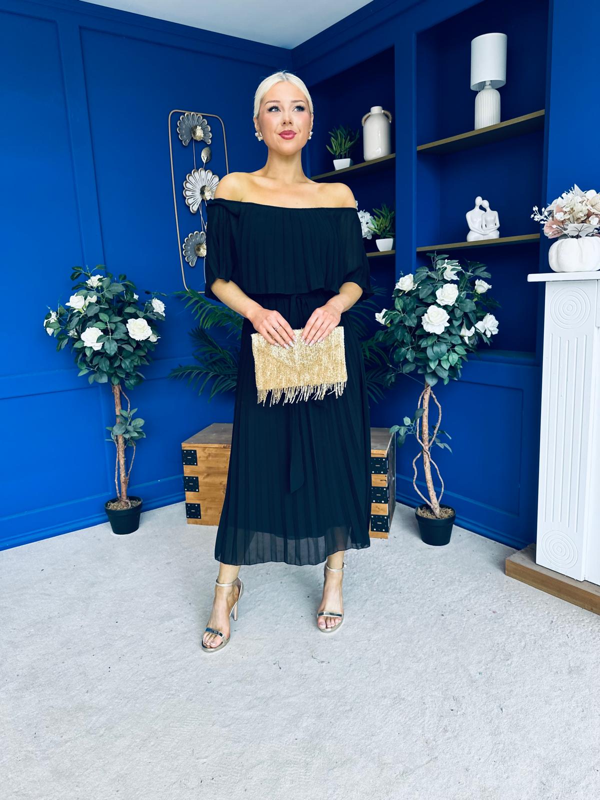 Aileen Pleated Bardot Midi Dress Black