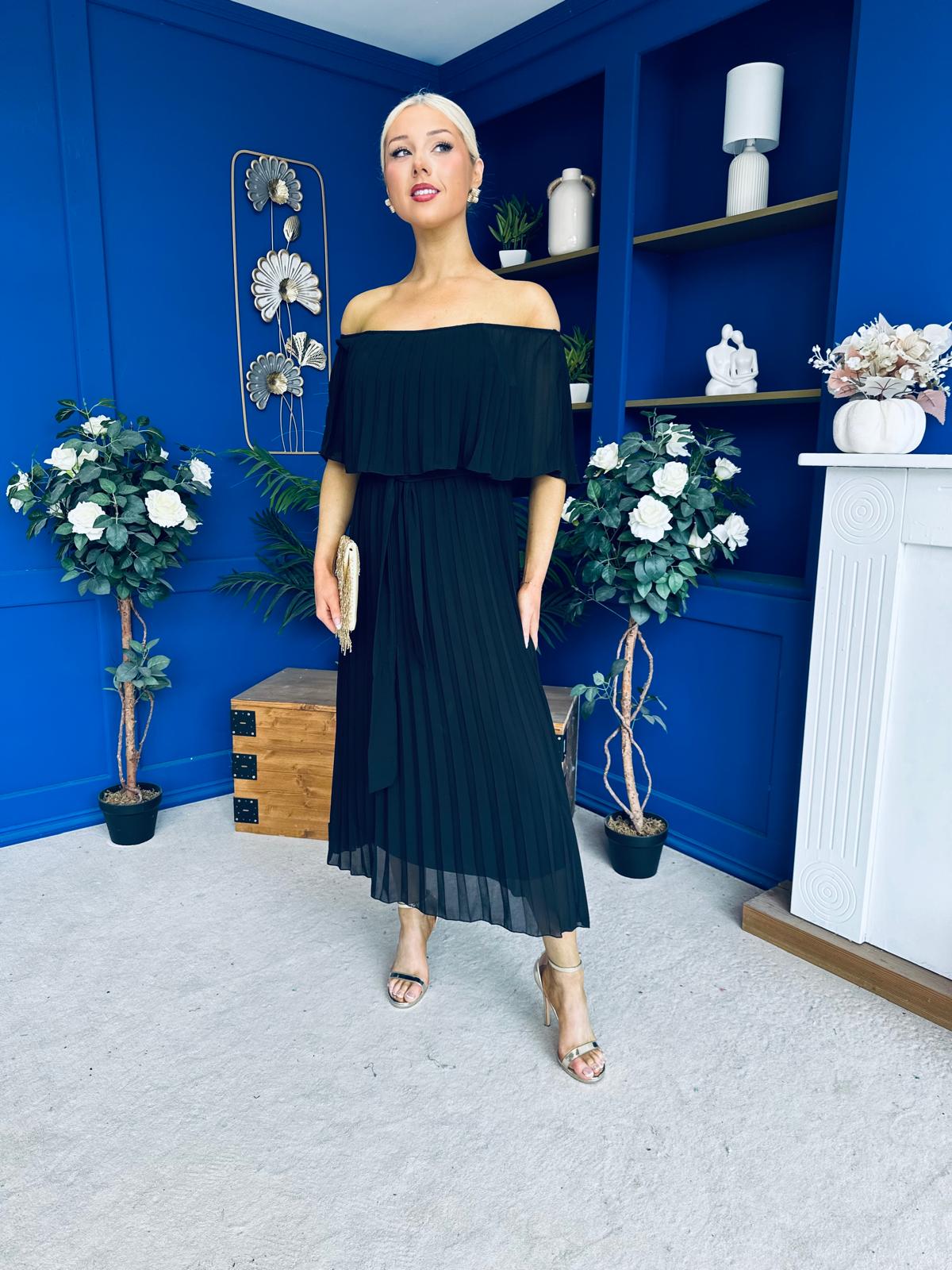 Aileen Pleated Bardot Midi Dress Black