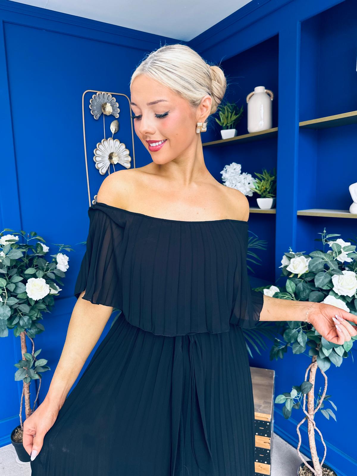 Aileen Pleated Bardot Midi Dress Black