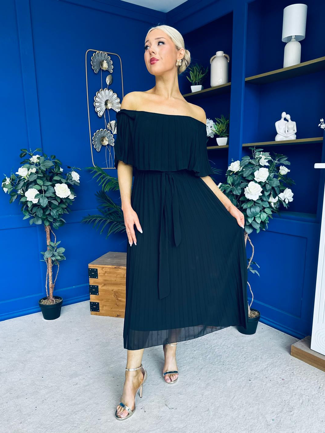 Aileen Pleated Bardot Midi Dress Black