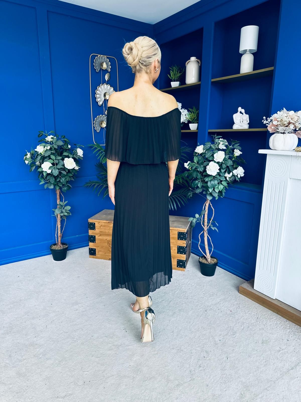 Aileen Pleated Bardot Midi Dress Black
