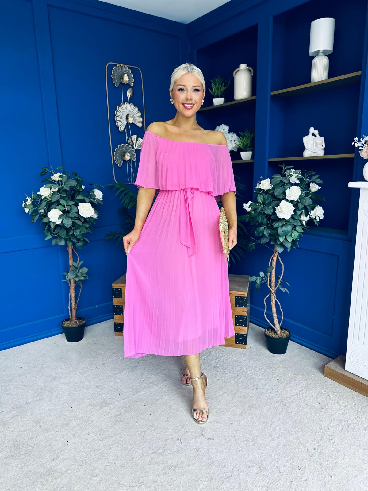 Aileen Pleated Bardot Midi Dress Cerise