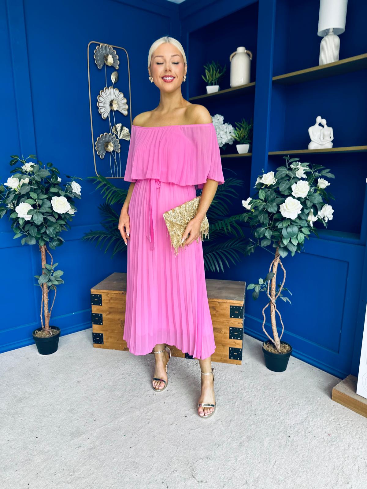 Aileen Pleated Bardot Midi Dress Cerise