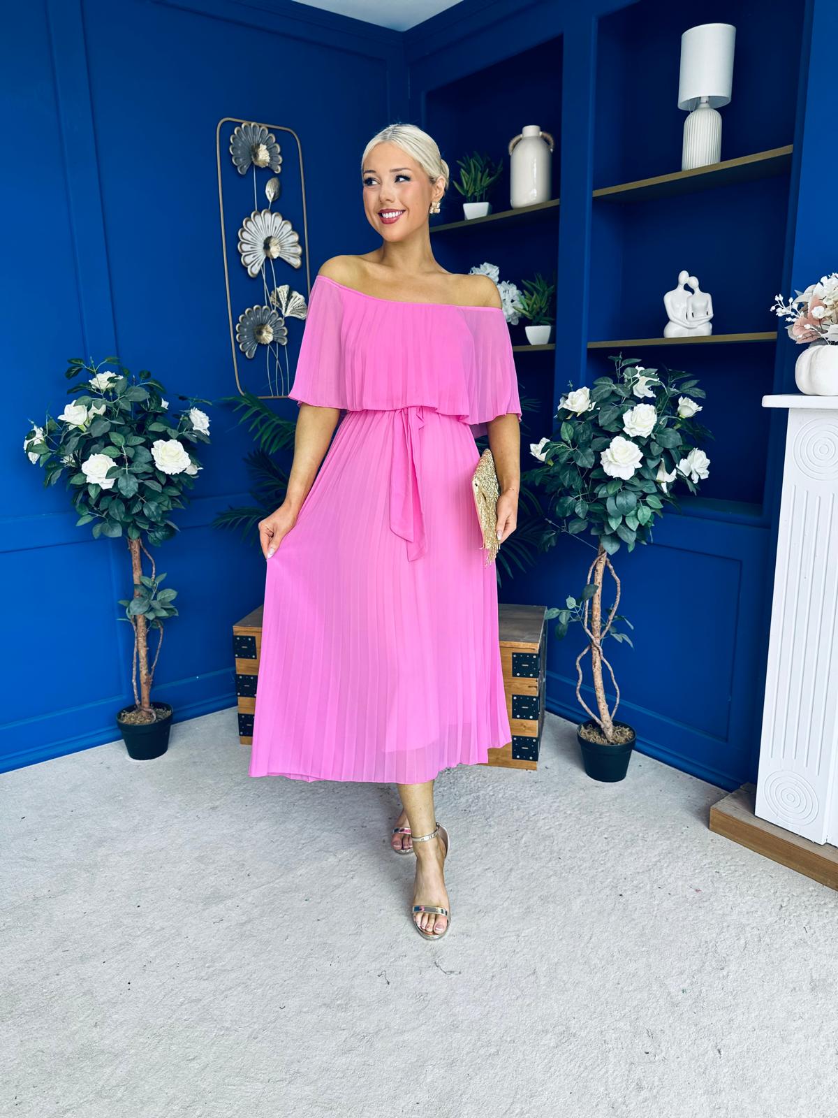 Aileen Pleated Bardot Midi Dress Cerise