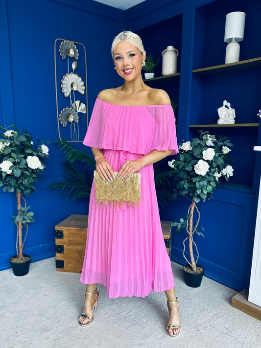 Aileen Pleated Bardot Midi Dress Cerise