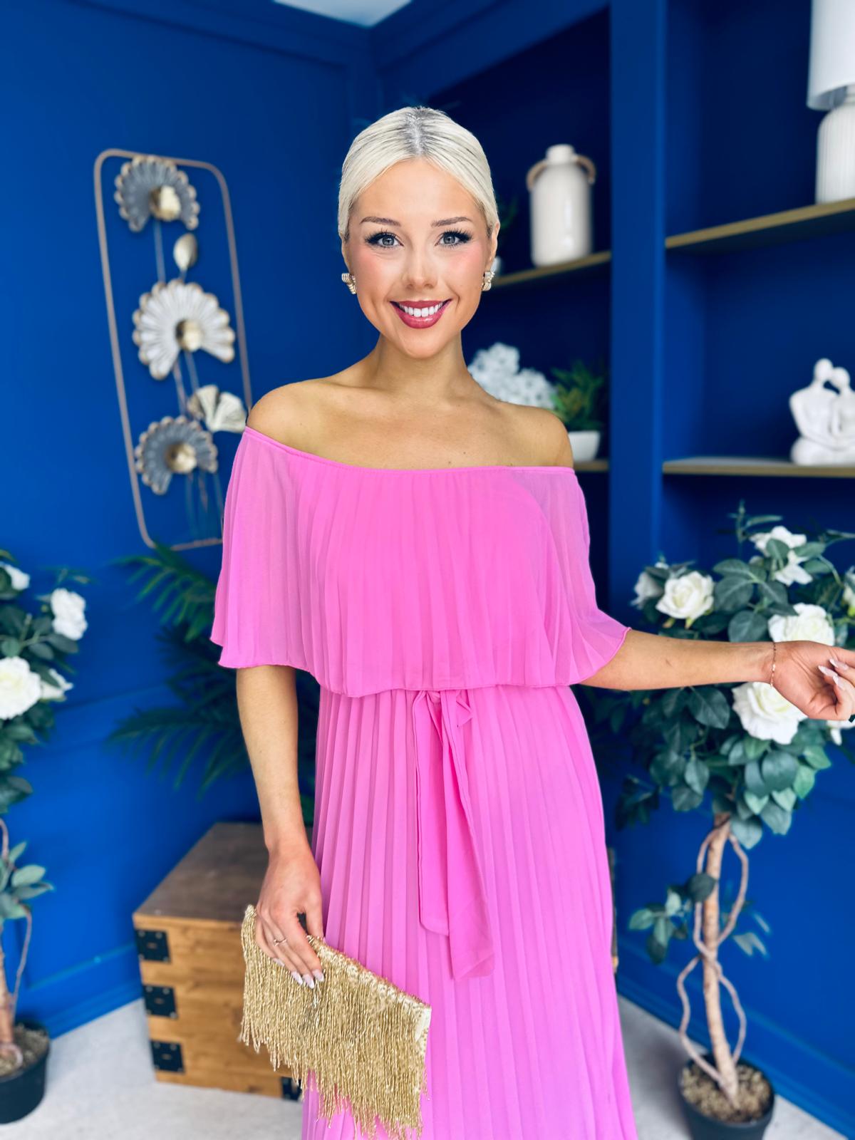 Aileen Pleated Bardot Midi Dress Cerise