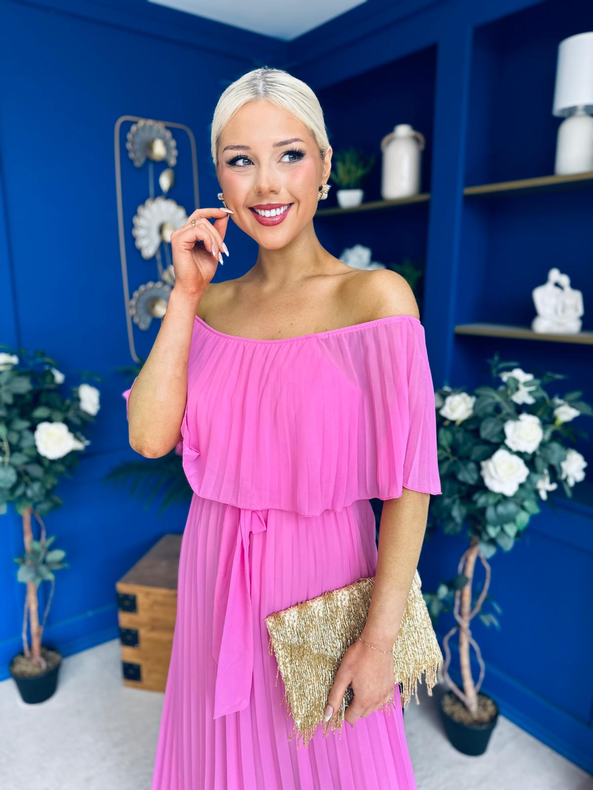 Aileen Pleated Bardot Midi Dress Cerise