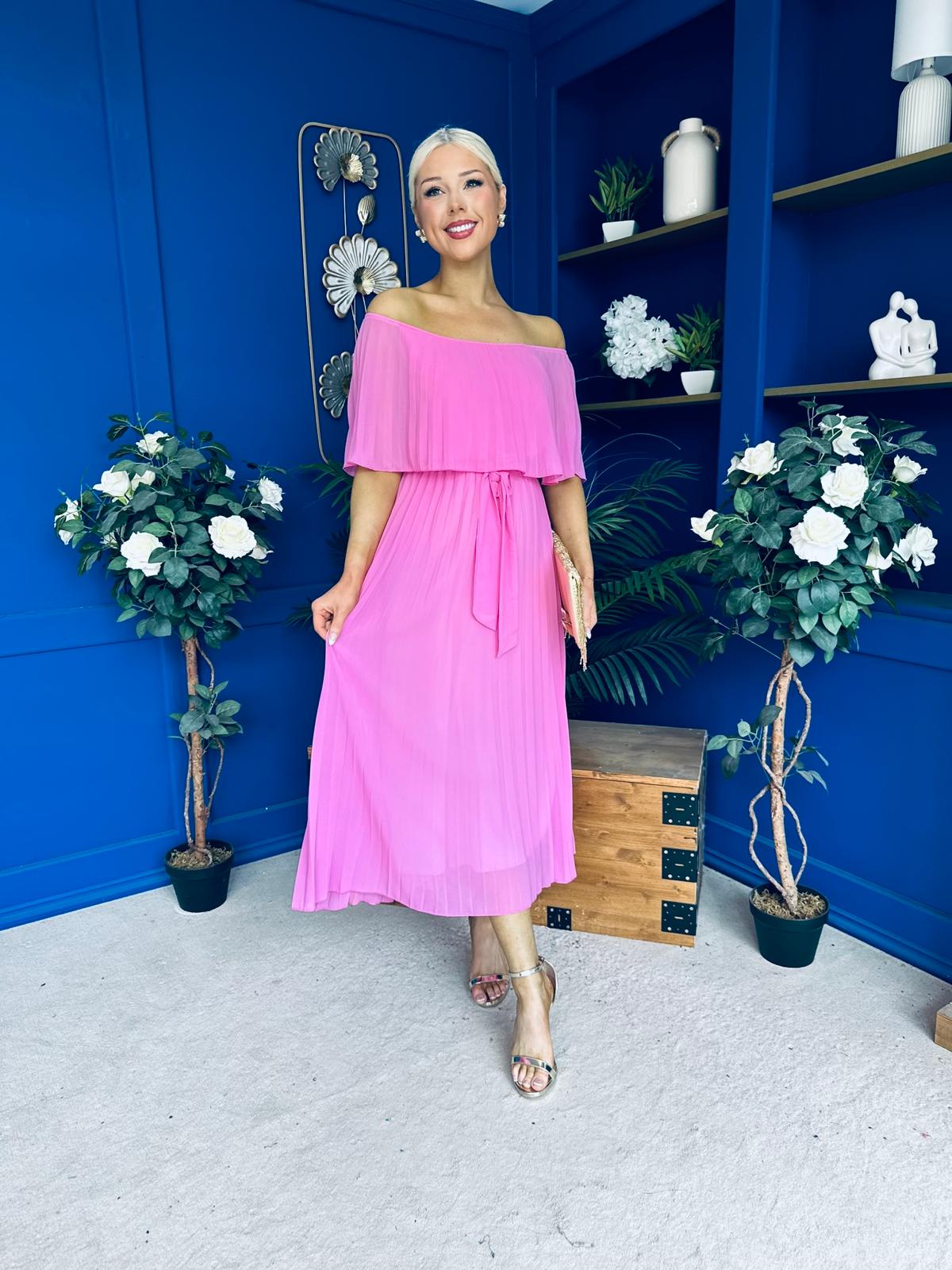 Aileen Pleated Bardot Midi Dress Cerise