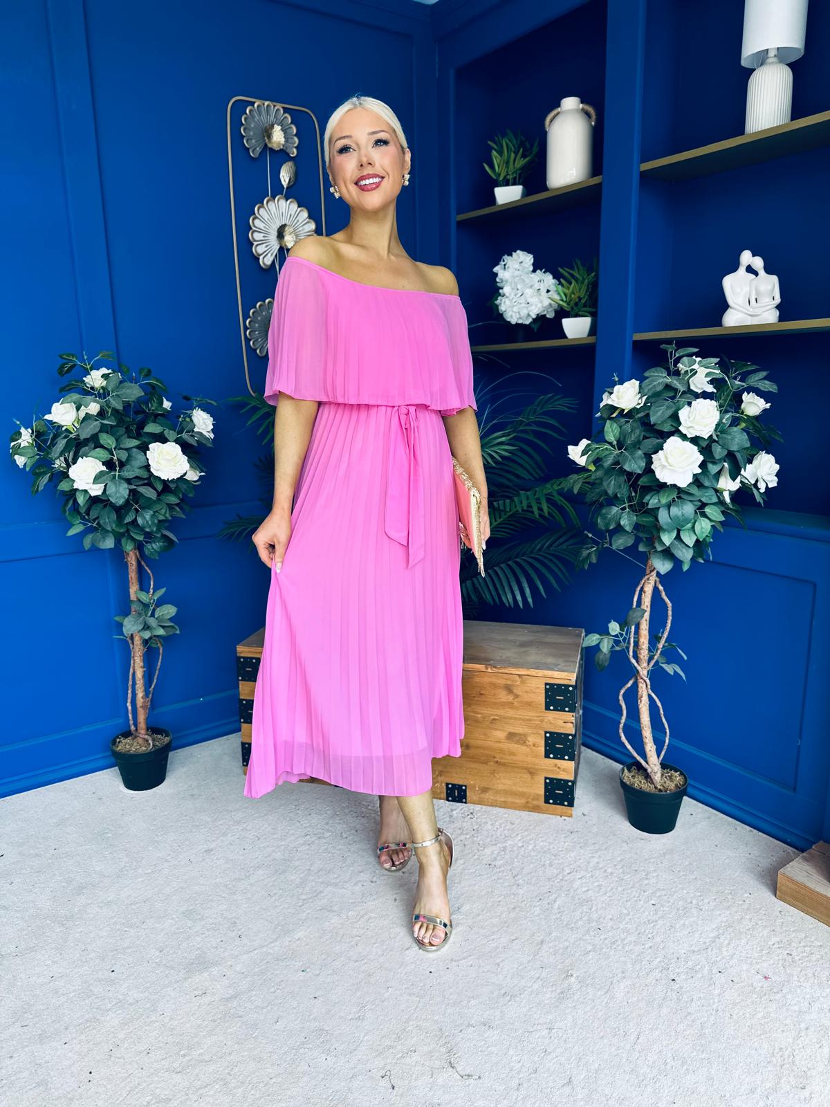 Aileen Pleated Bardot Midi Dress Cerise