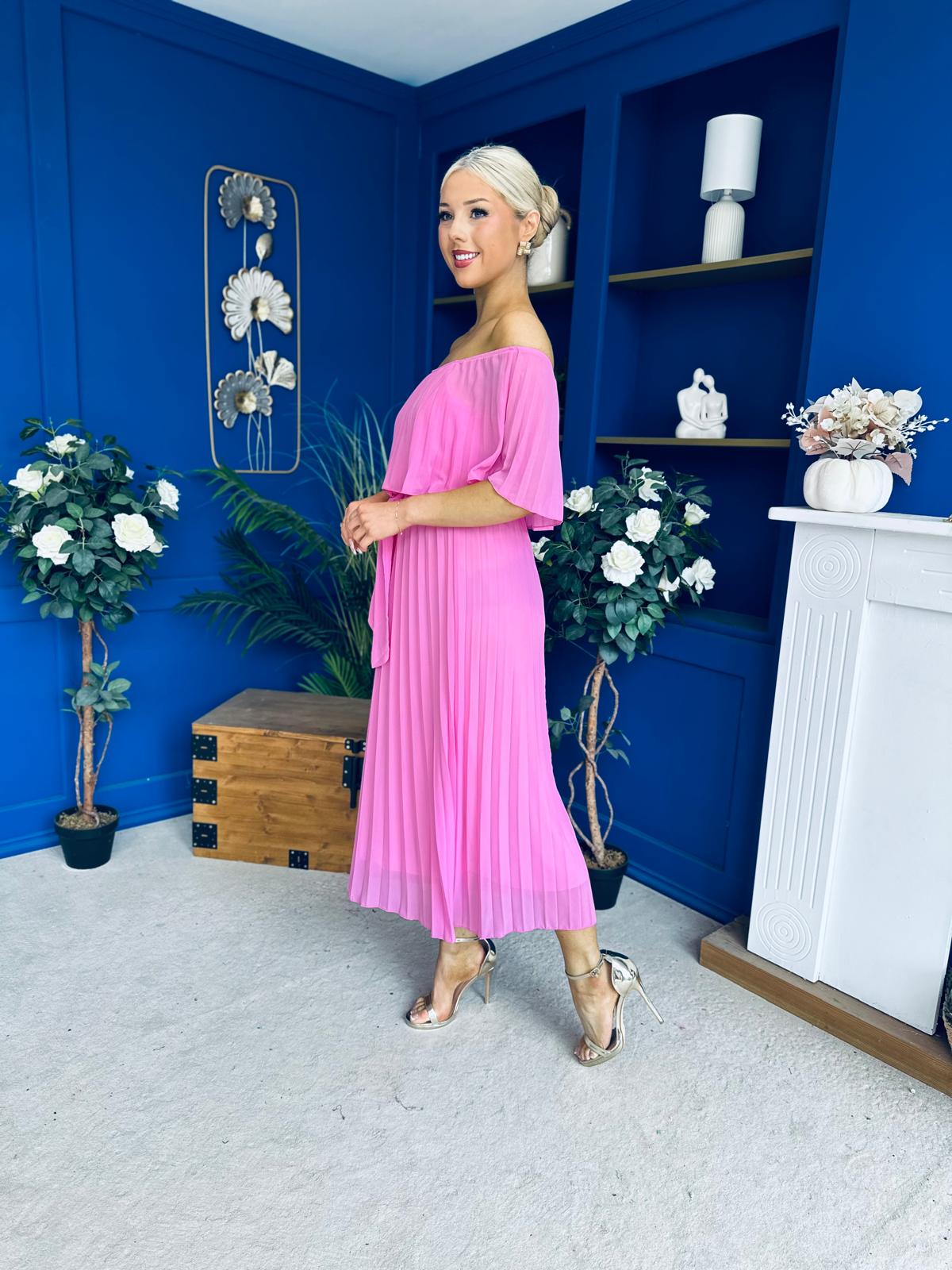 Aileen Pleated Bardot Midi Dress Cerise