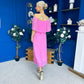 Aileen Pleated Bardot Midi Dress Cerise