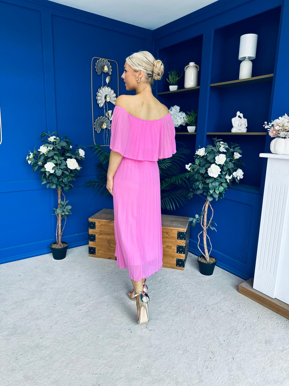 Aileen Pleated Bardot Midi Dress Cerise