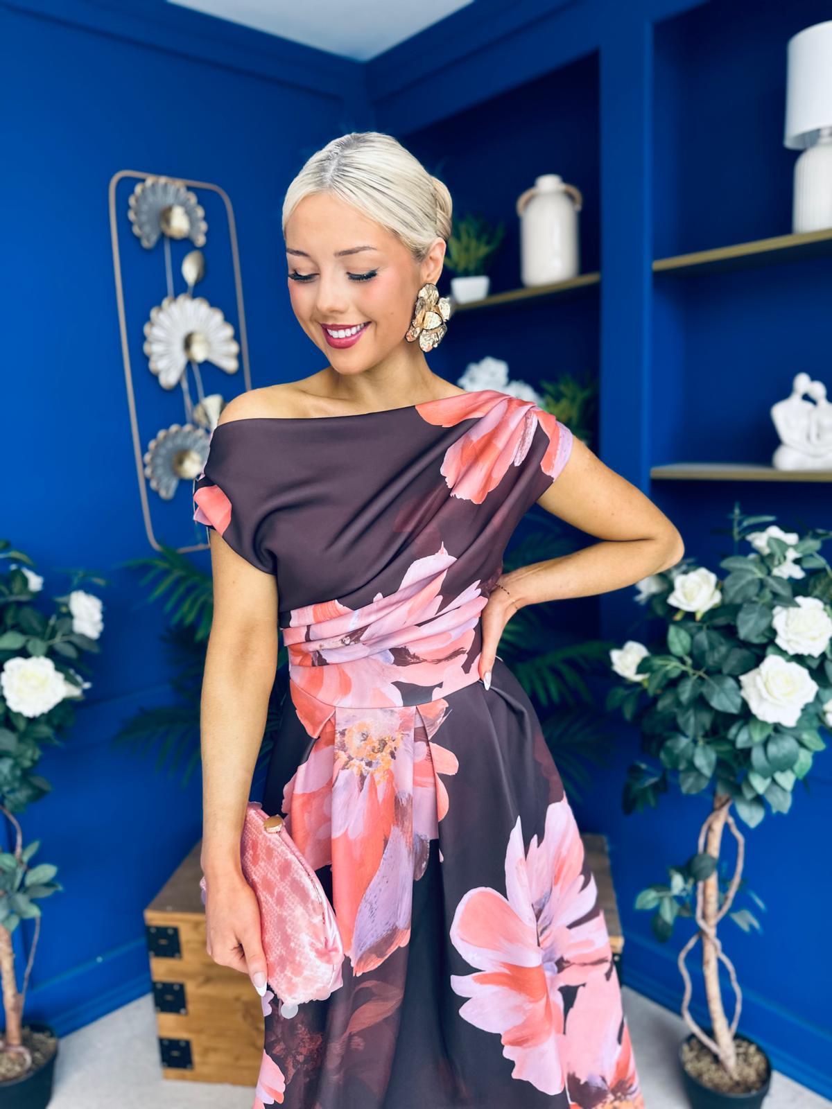 Breffy Asymmetric Neckline Skater Midi Floral Plum