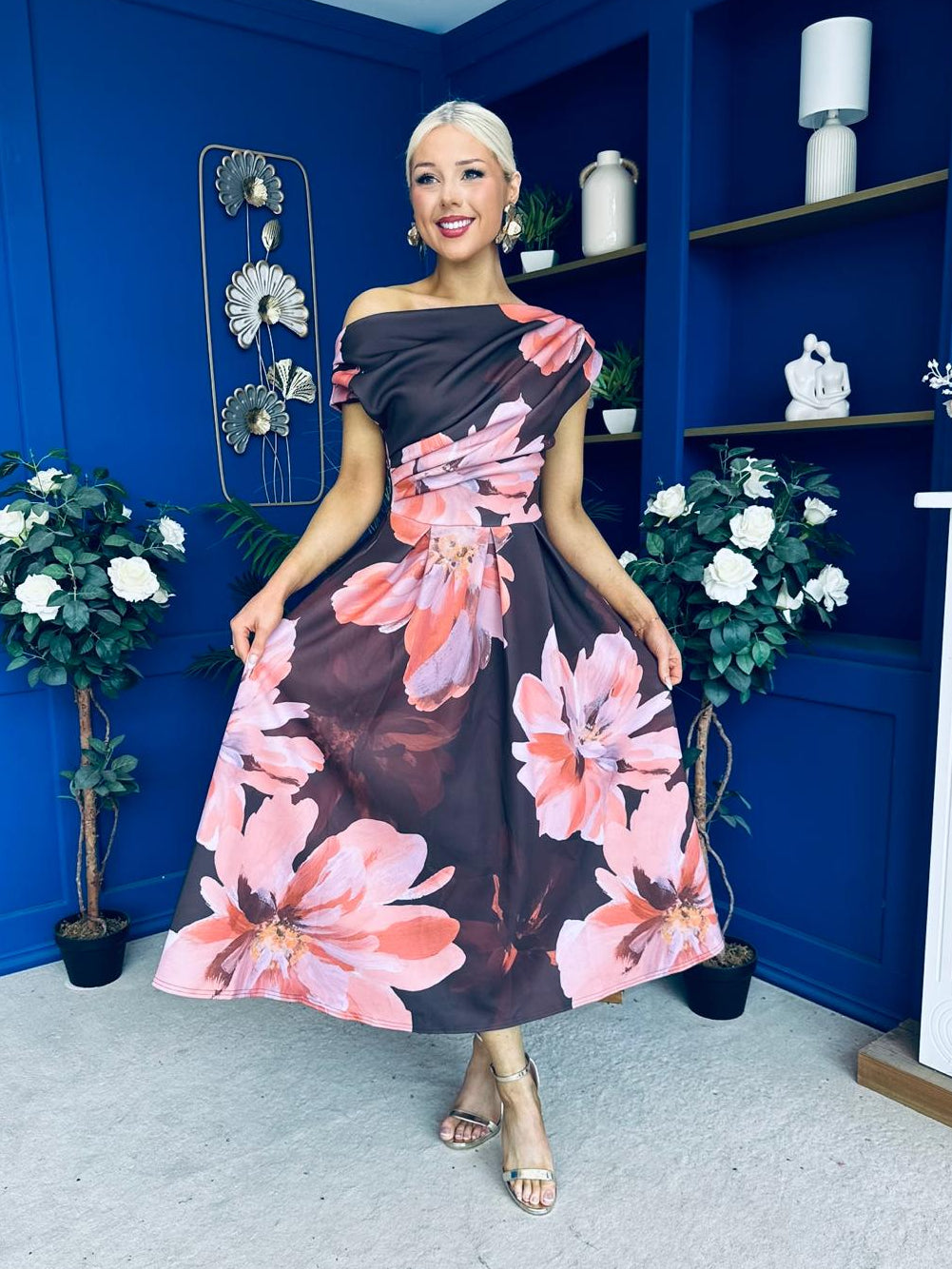Breffy Asymmetric Neckline Skater Midi Floral Plum