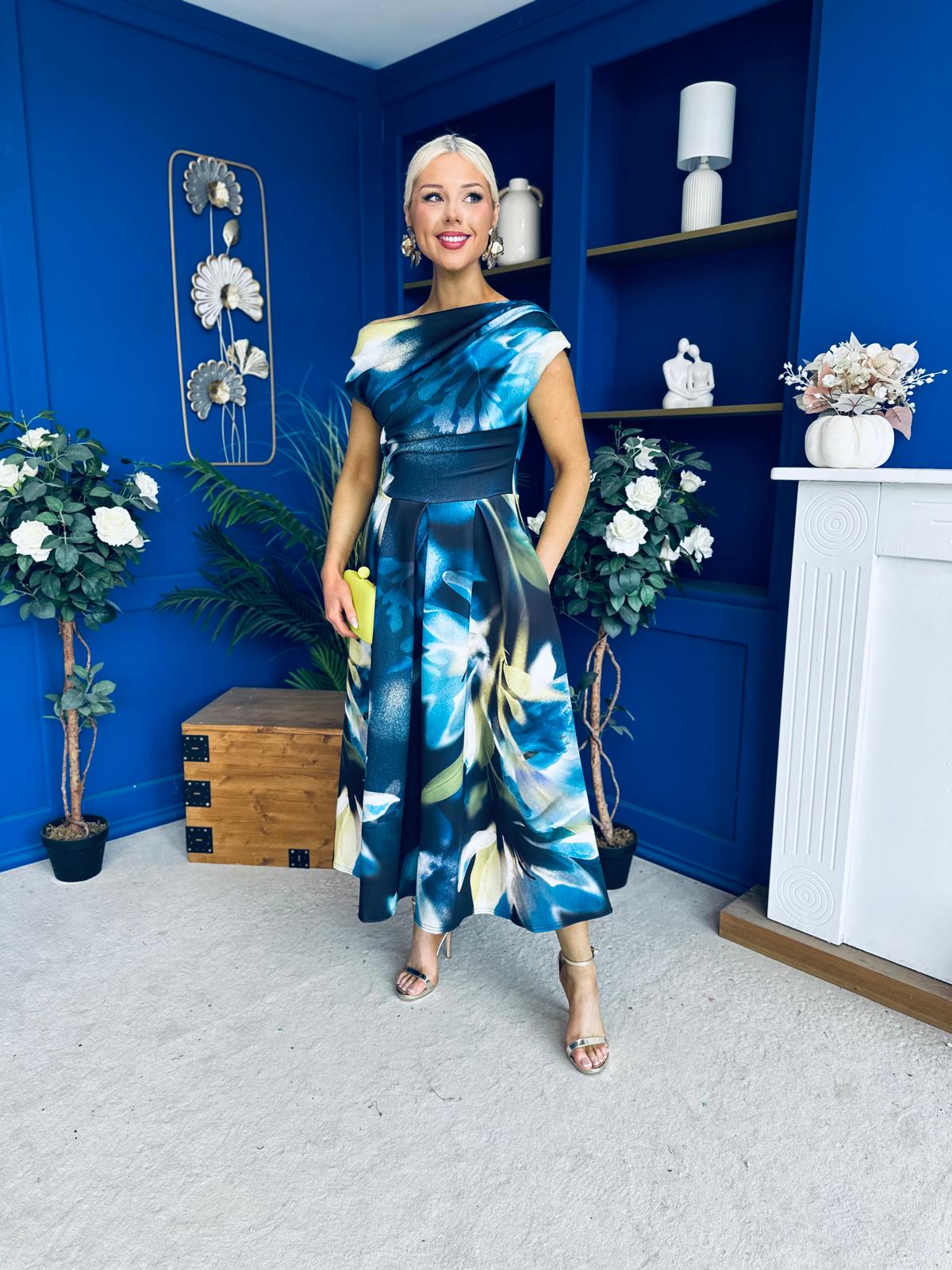 Breffy Asymmetric Neckline Skater Midi Floral Sapphire