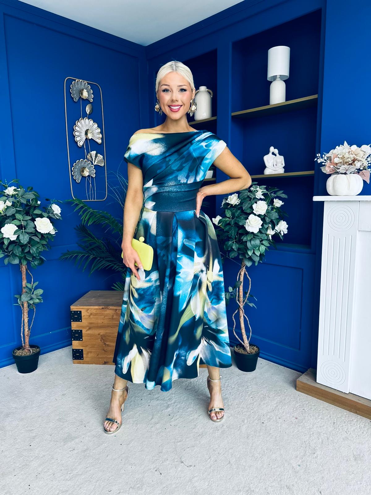 Breffy Asymmetric Neckline Skater Midi Floral Sapphire