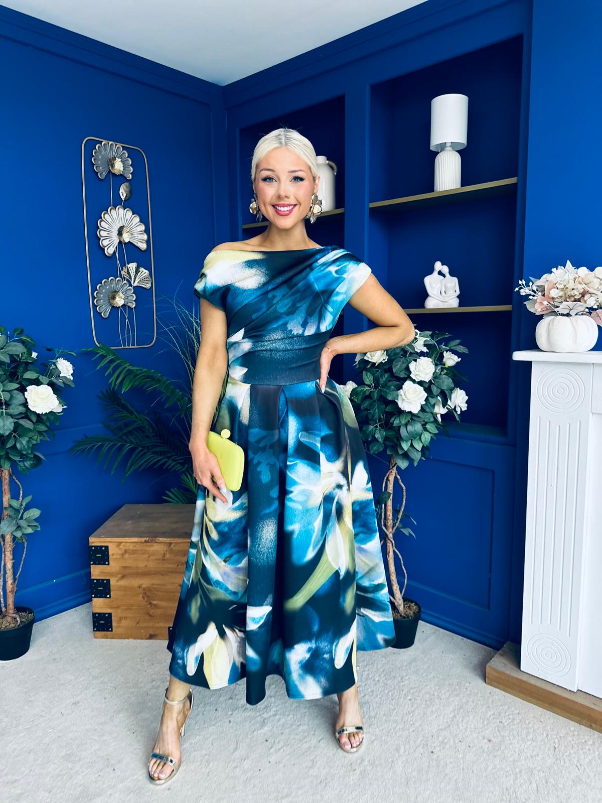 Breffy Asymmetric Neckline Skater Midi Floral Sapphire