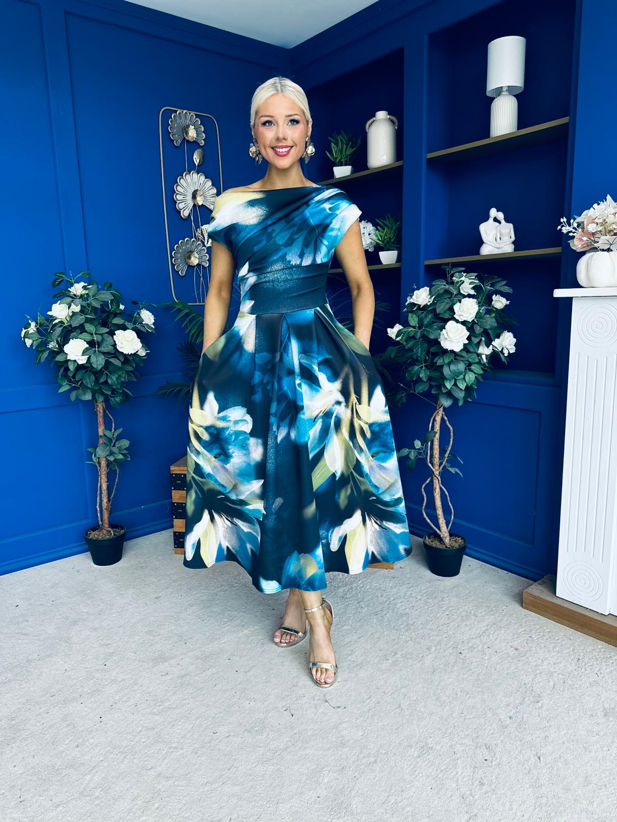 Breffy Asymmetric Neckline Skater Midi Floral Sapphire