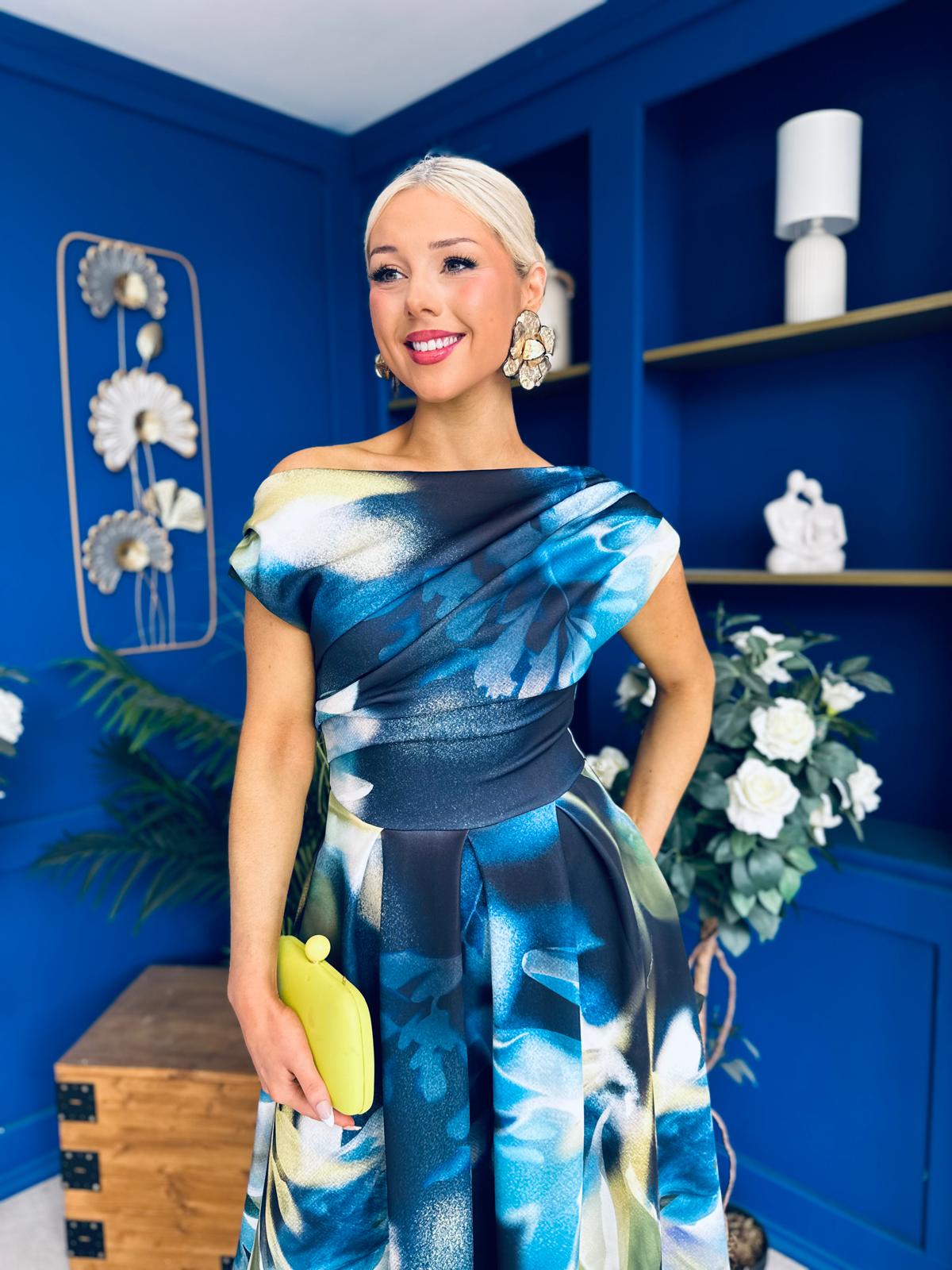 Breffy Asymmetric Neckline Skater Midi Floral Sapphire