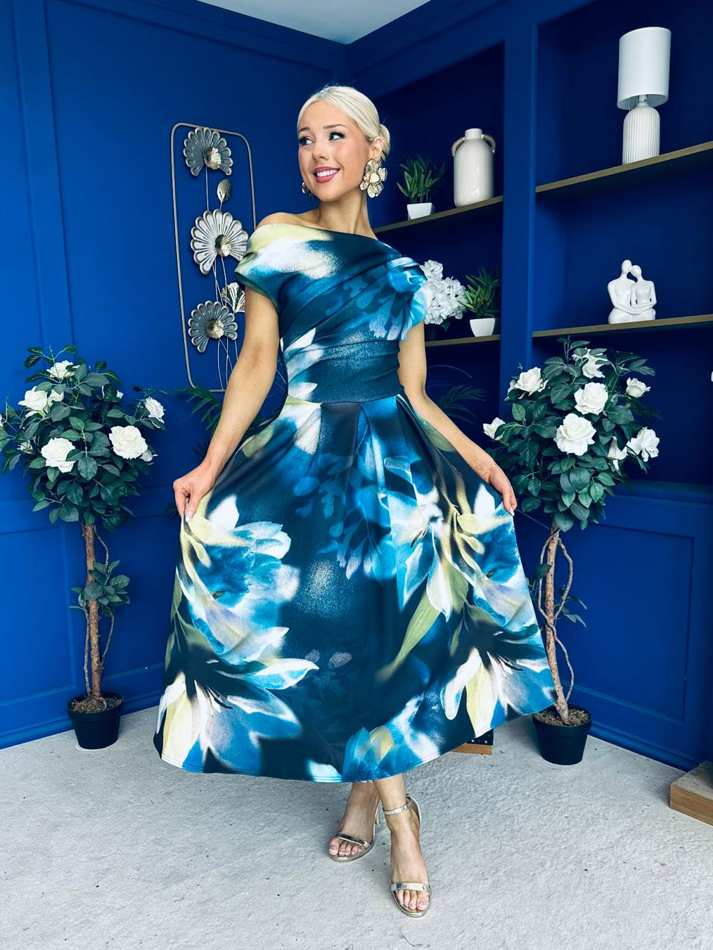 Breffy Asymmetric Neckline Skater Midi Floral Sapphire