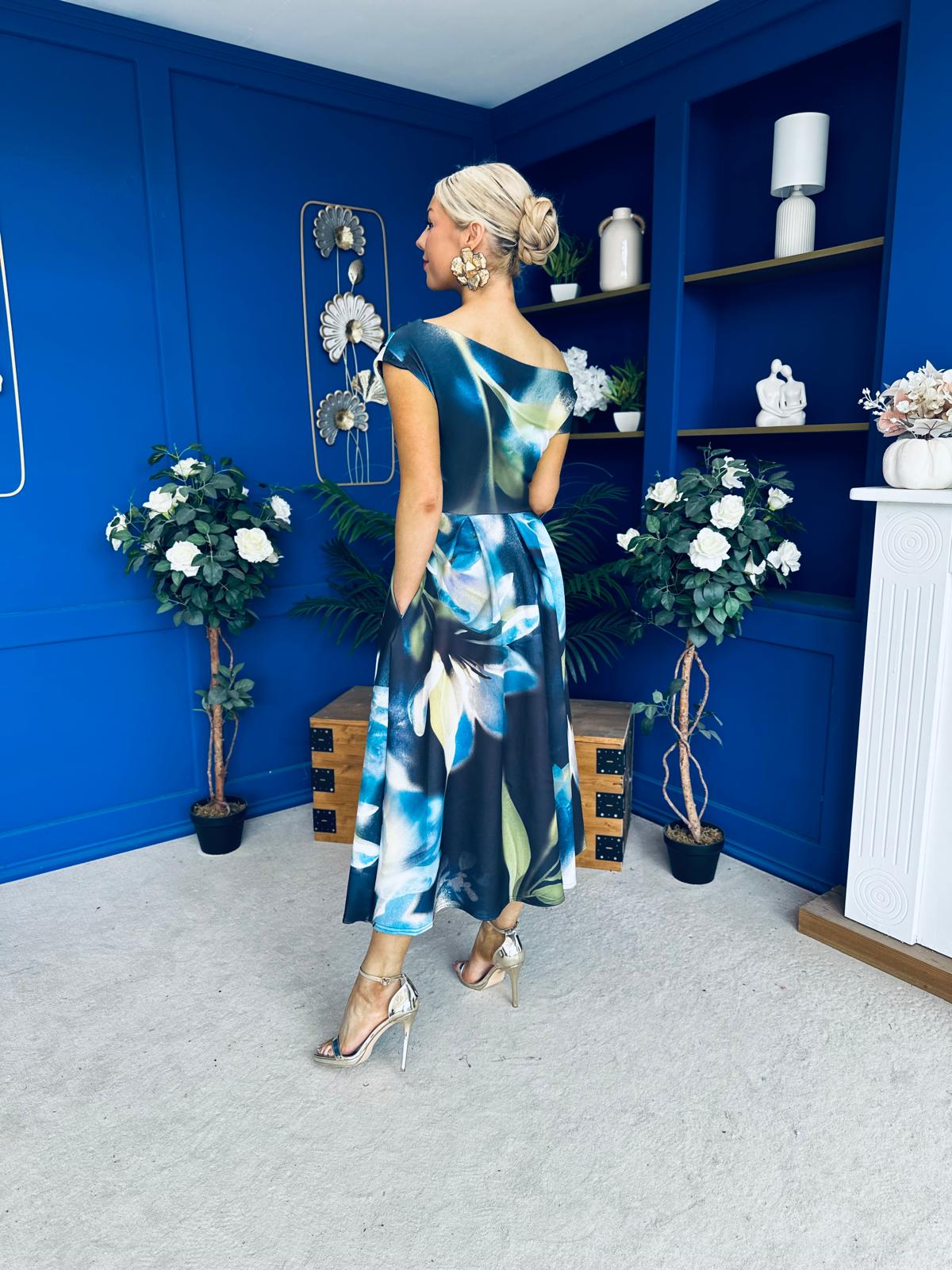 Breffy Asymmetric Neckline Skater Midi Floral Sapphire