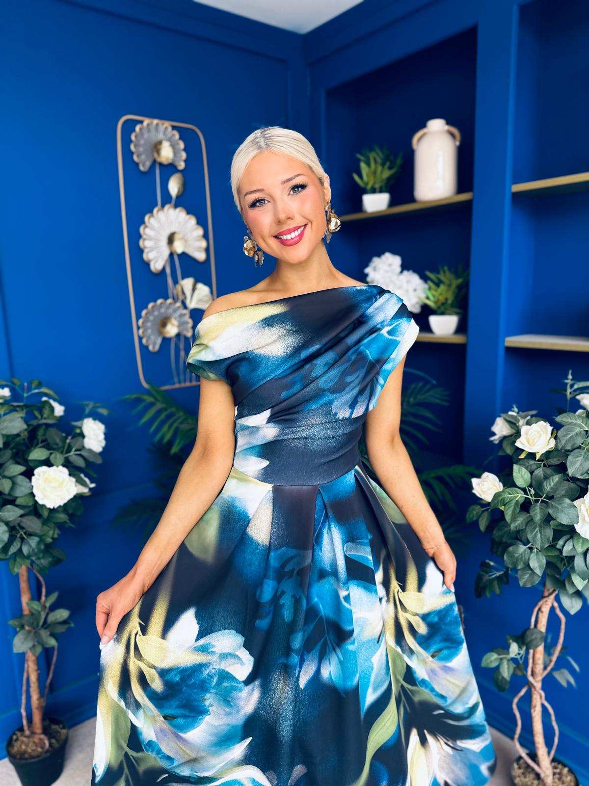 Breffy Asymmetric Neckline Skater Midi Floral Sapphire