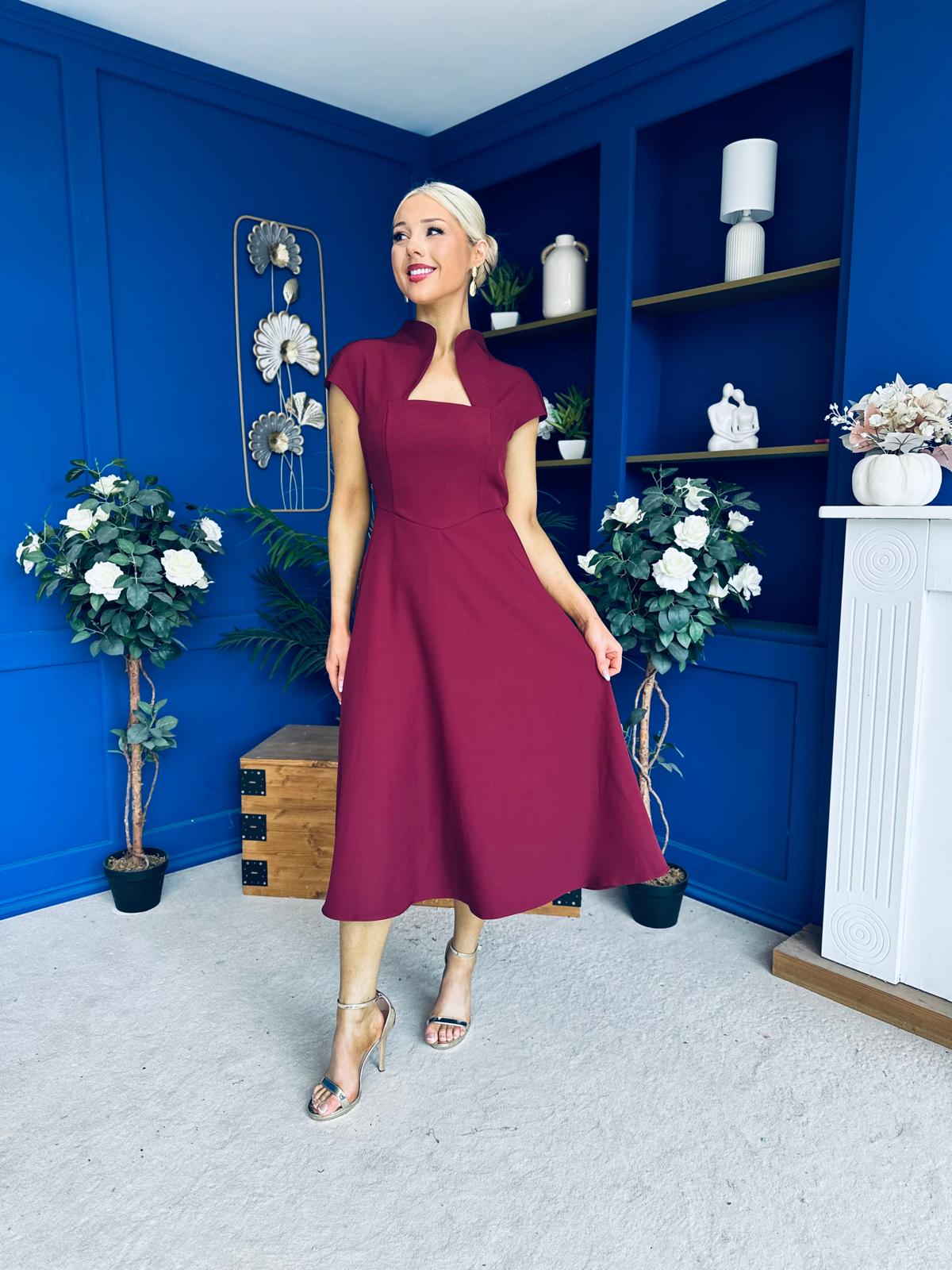 Amora Detailed Occasion Midi Dress Wine