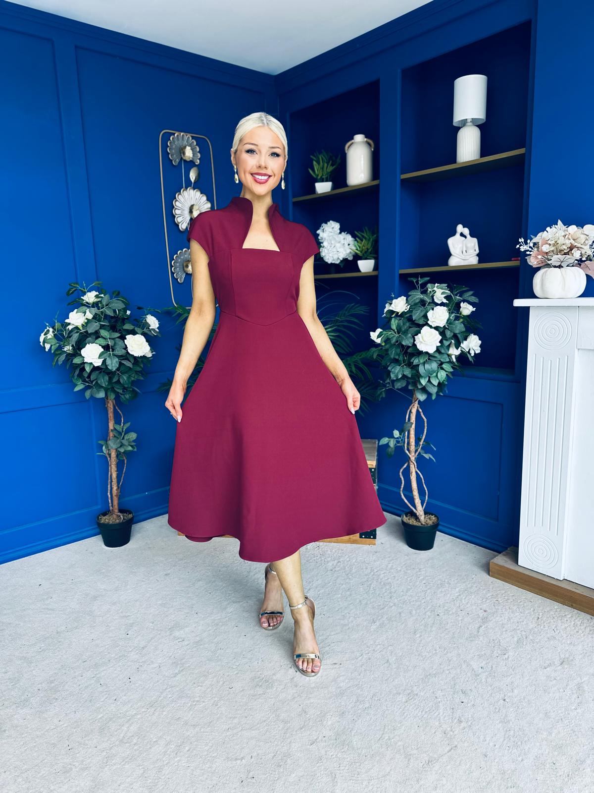 Amora Detailed Occasion Midi Dress Wine