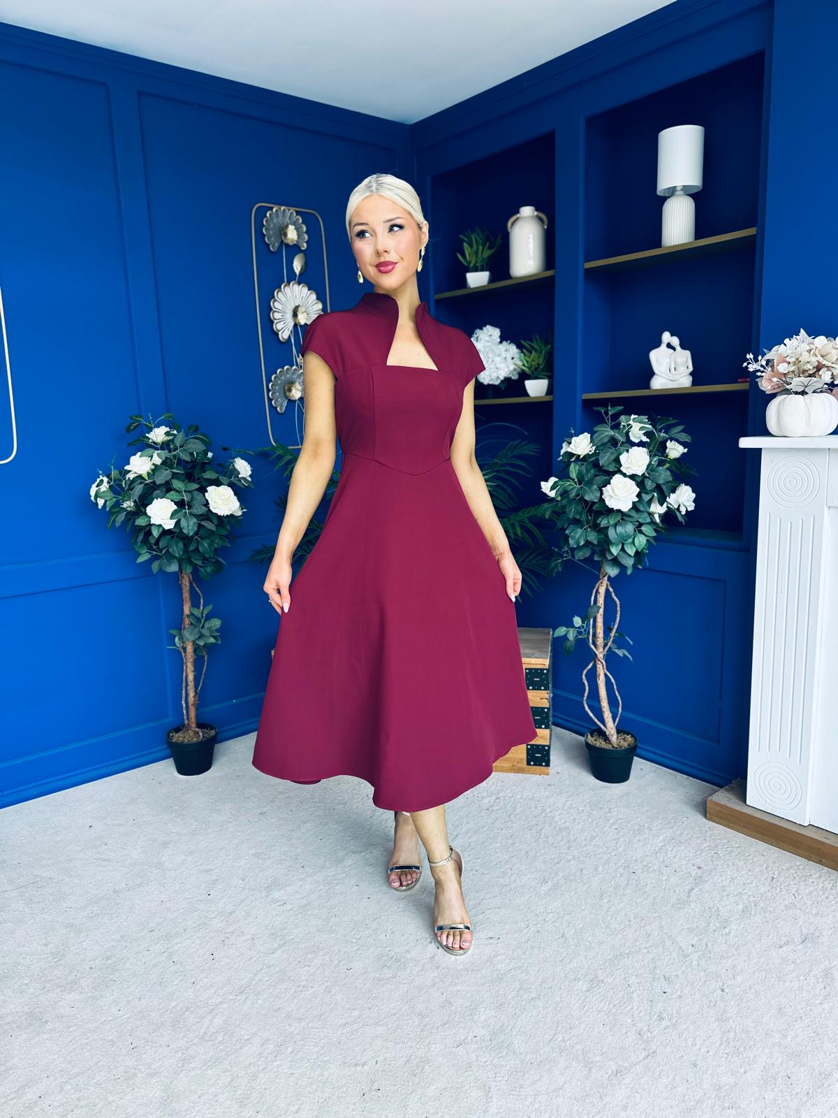 Amora Detailed Occasion Midi Dress Wine