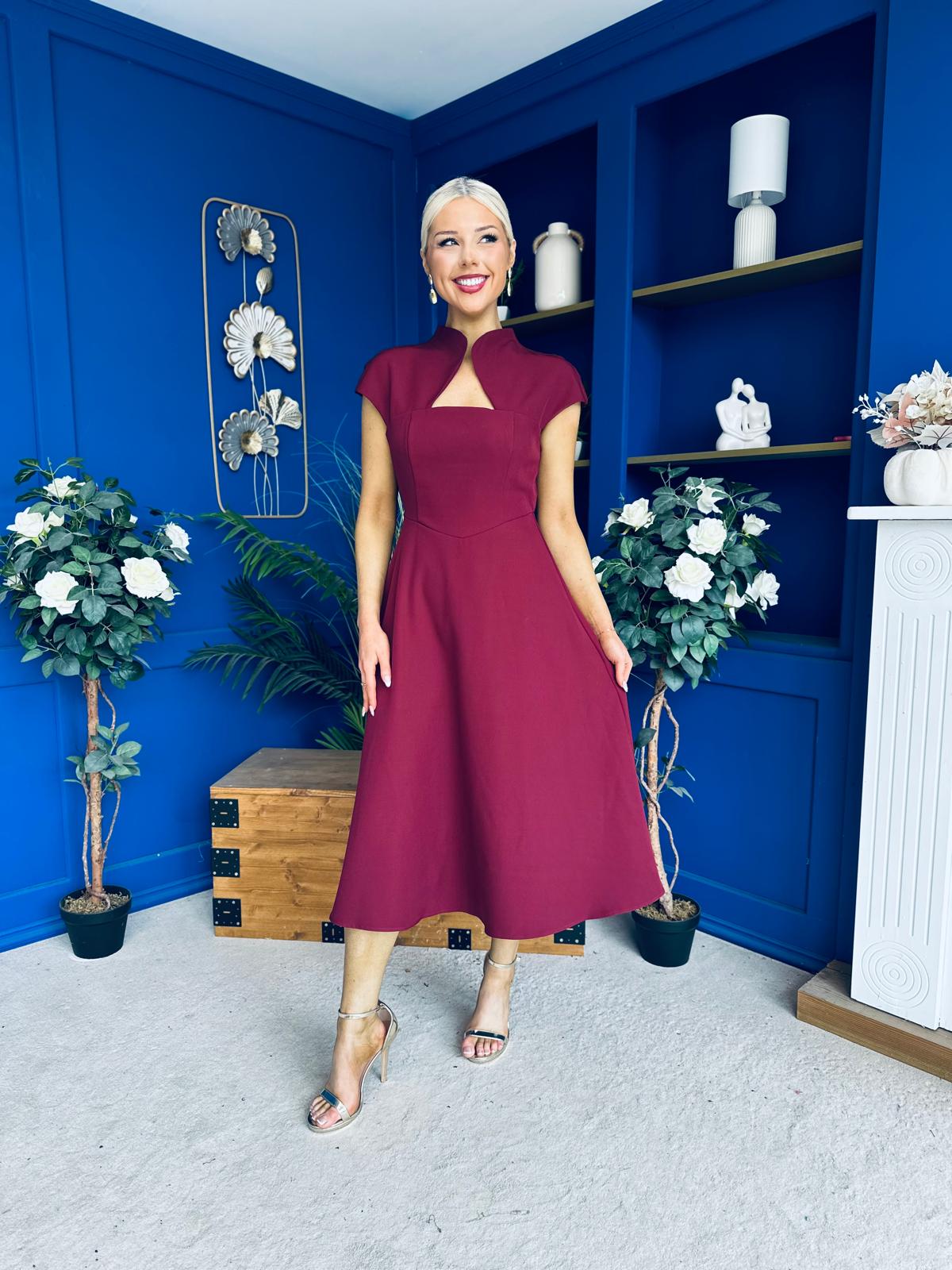 Amora Detailed Occasion Midi Dress Wine