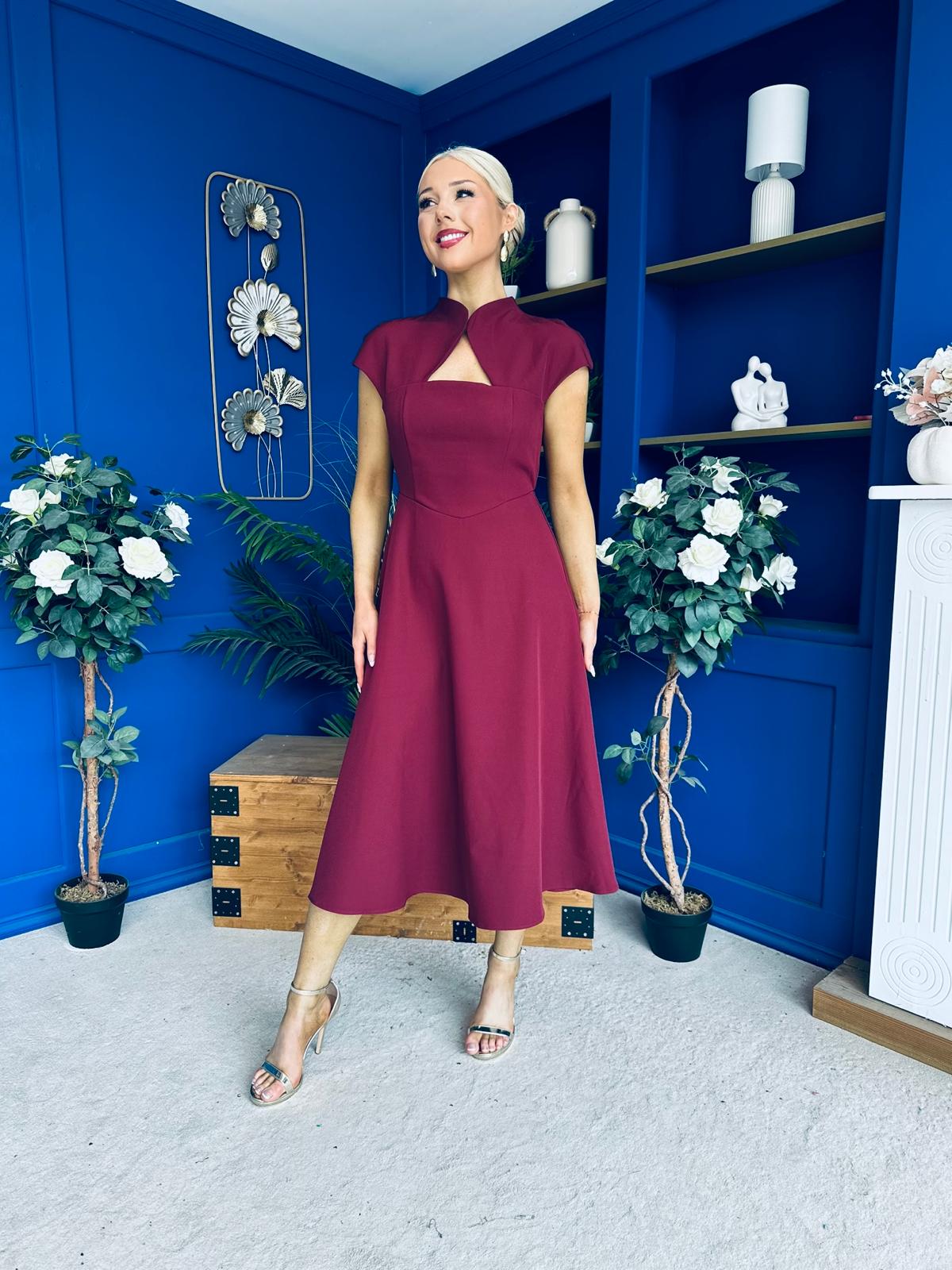 Amora Detailed Occasion Midi Dress Wine