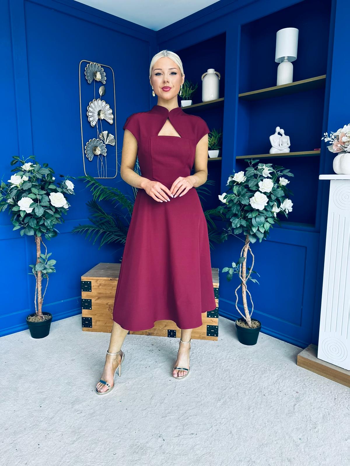 Amora Detailed Occasion Midi Dress Wine
