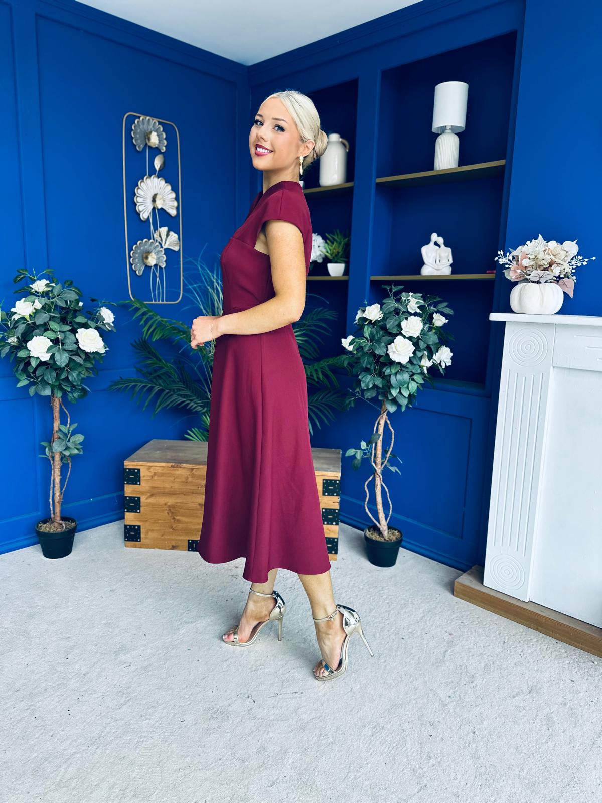 Amora Detailed Occasion Midi Dress Wine