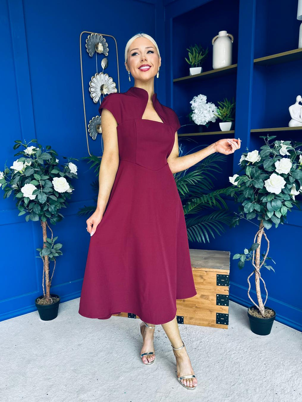Amora Detailed Occasion Midi Dress Wine