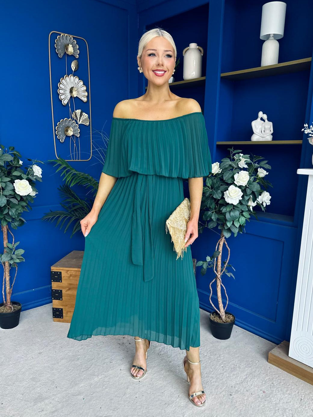 Aileen Pleated Bardot Midi Dress Forest