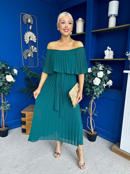 Aileen Pleated Bardot Midi Dress Forest
