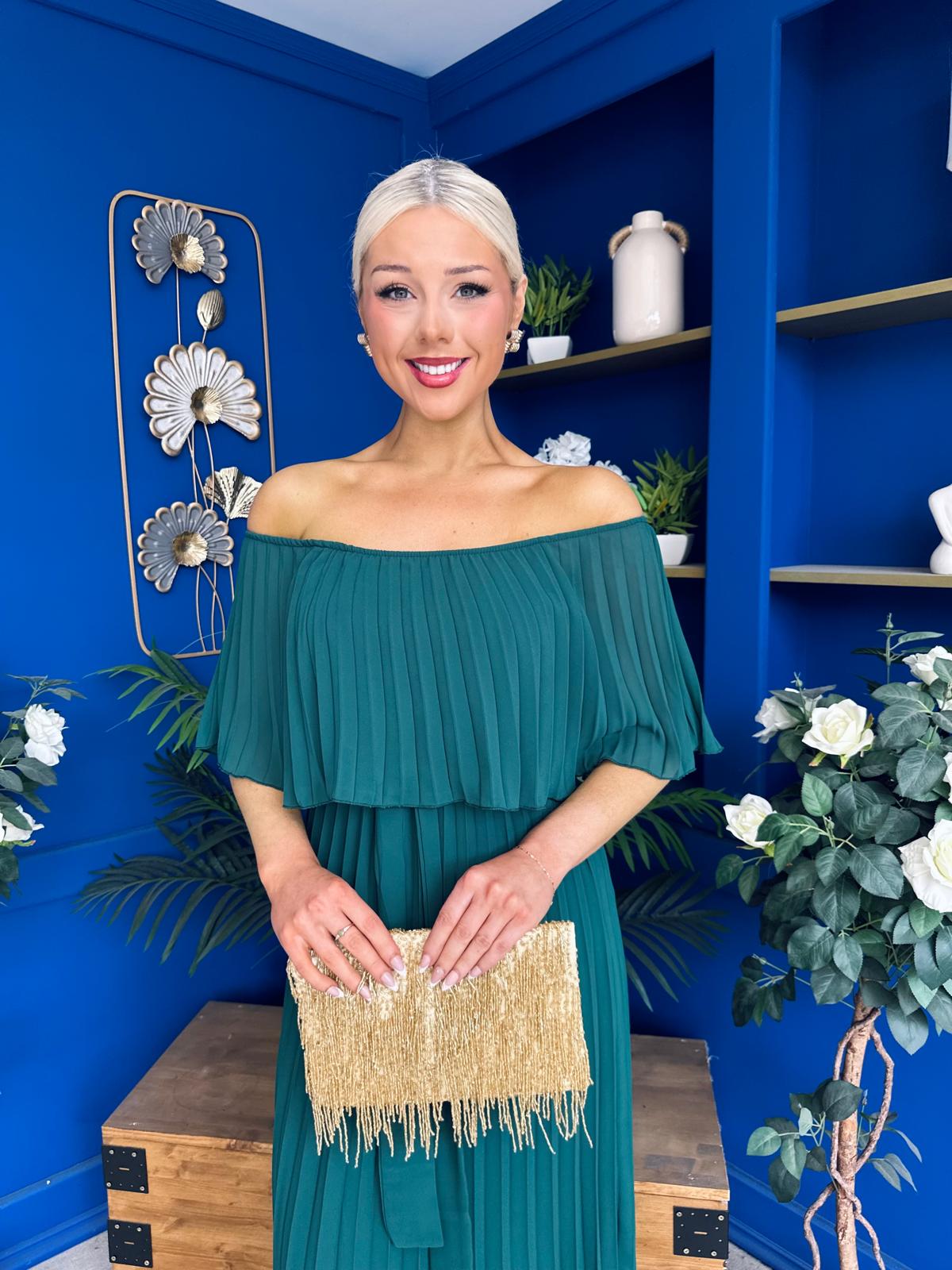 Aileen Pleated Bardot Midi Dress Forest
