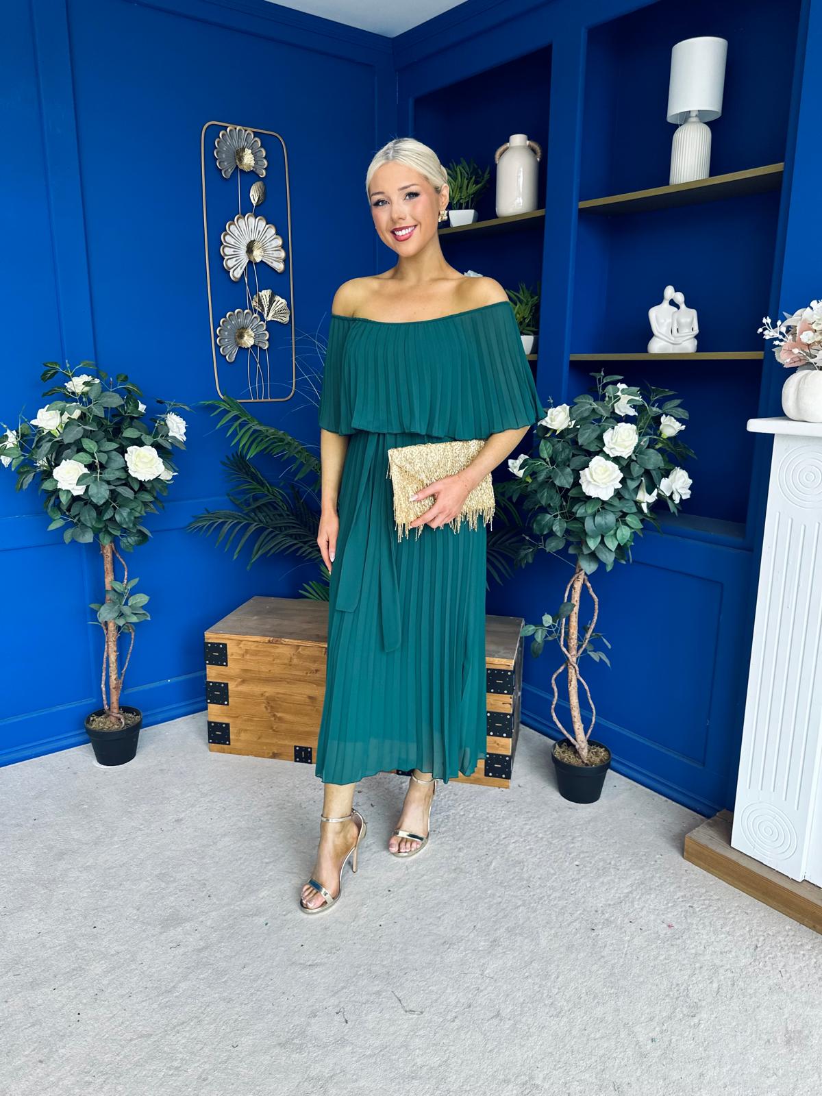Aileen Pleated Bardot Midi Dress Forest