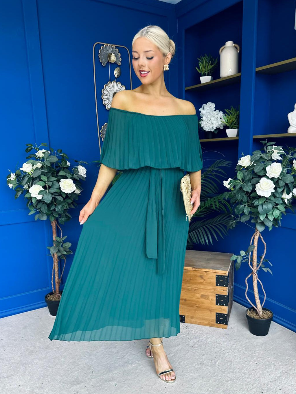 Aileen Pleated Bardot Midi Dress Forest