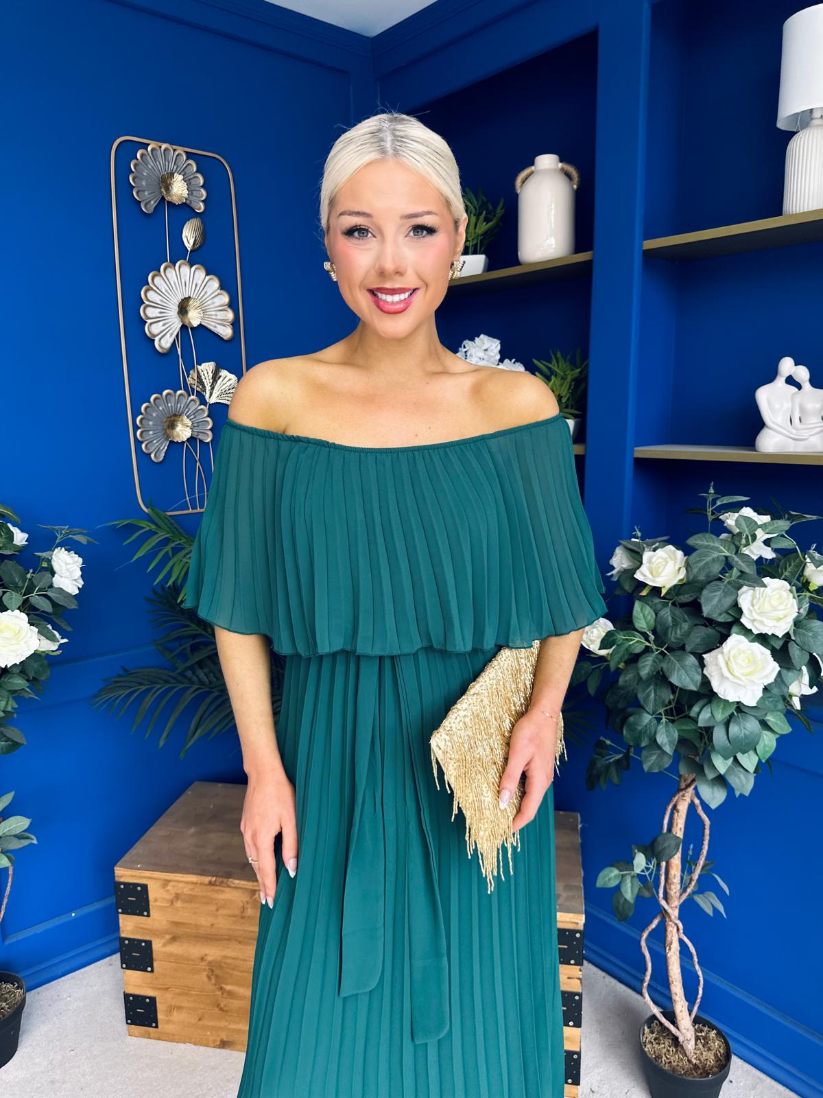 Aileen Pleated Bardot Midi Dress Forest