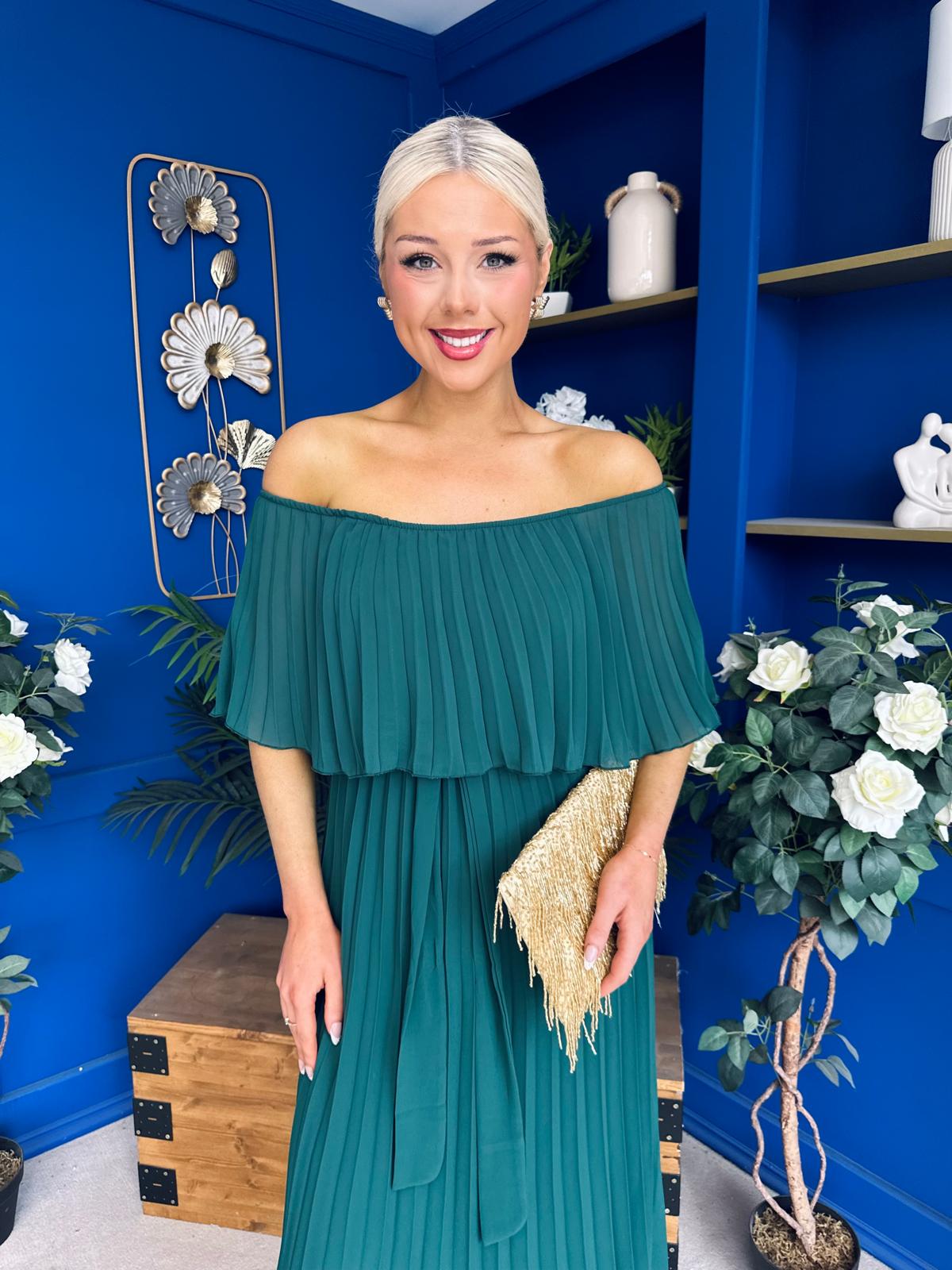 Aileen Pleated Bardot Midi Dress Forest
