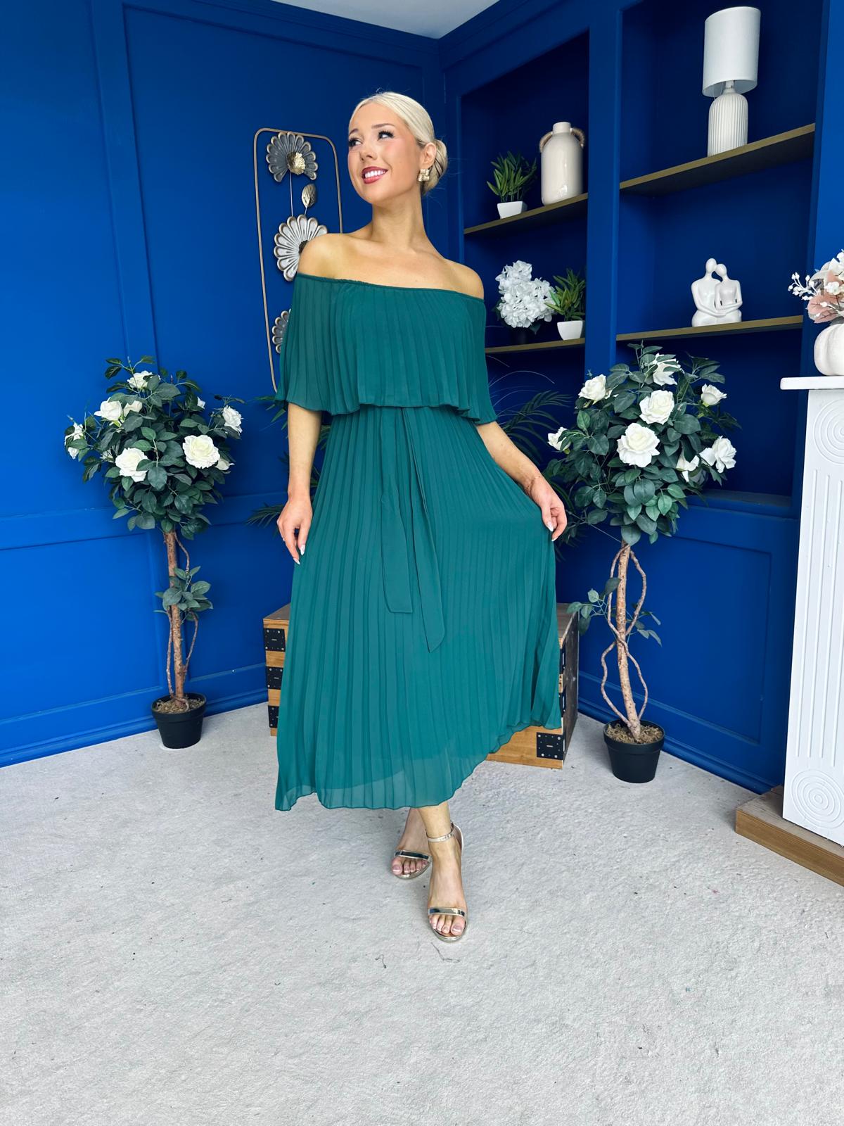 Aileen Pleated Bardot Midi Dress Forest