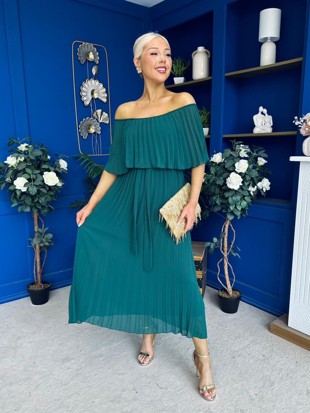 Aileen Pleated Bardot Midi Dress Forest